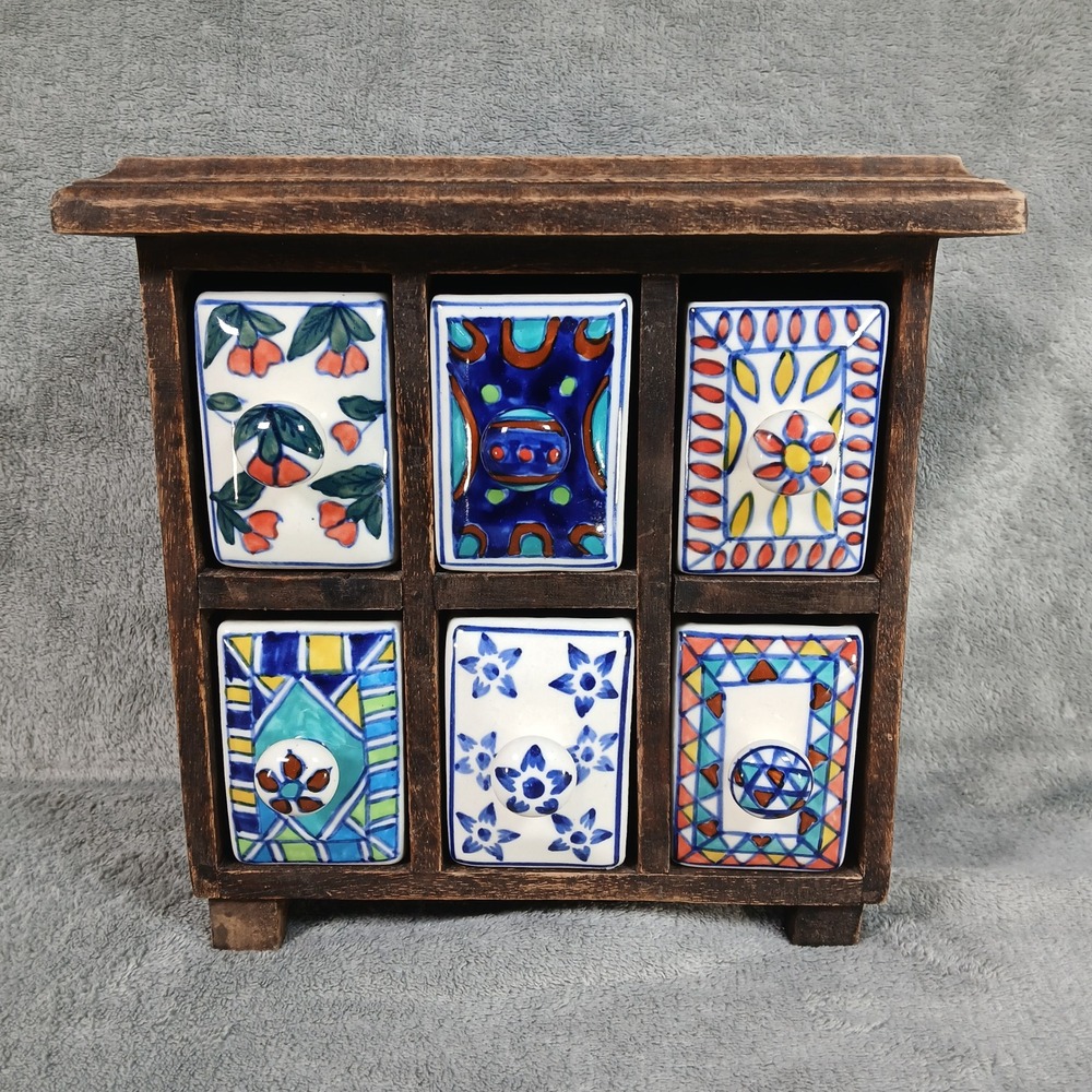 Hand Painted Ceramic 6 Drawer Spice Rack Wood Chest Bohemian Floral Multicolored